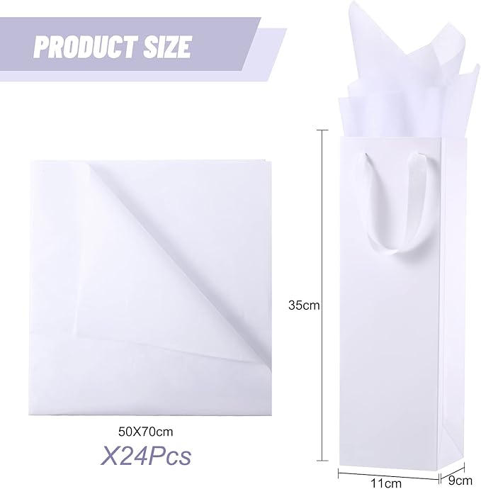 24 Pieces Christmas Kraft Wine Bag Paper Wine Bag, Wine Bottle Bag Holder with Handles with Kraft Tissue Paper Retail Wine Bag Bulk for Wedding Party, 4 x 3.5 x 14 Inch(White)