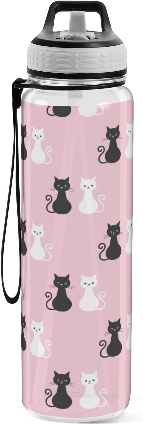 Black White Cat Water Bottle with Straw colorful Sports Bottles BPA-Free Tritan Water Jug with Carrying Strap for Women Men Gym