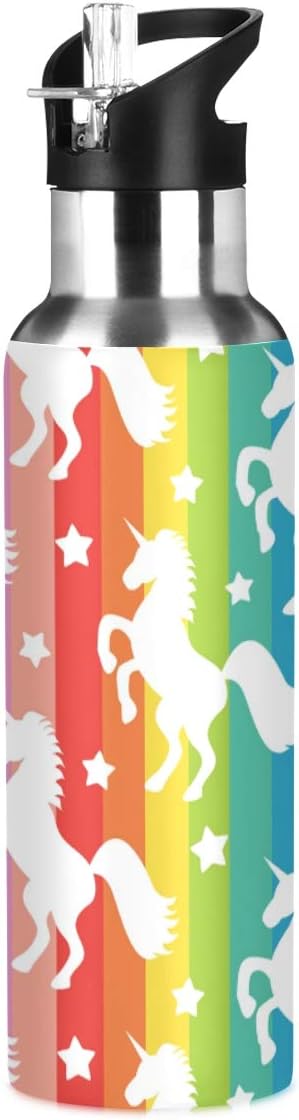 Blueangle Rainbow Stripe Unicorn Star Stainless Steel Water Bottle with Straw, BPA Free Reusable Leakproof Water Jug for Fitness Camping Outdoor Sports