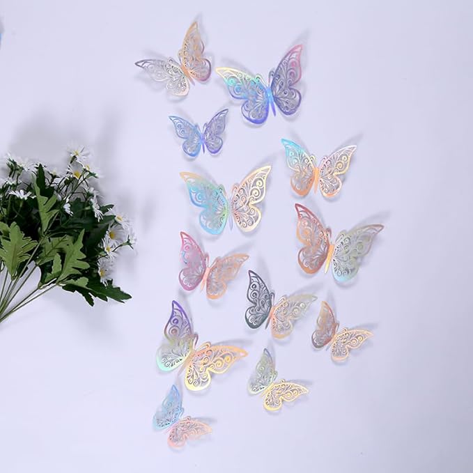 3D Butterfly Wall Decor 48 Pcs 4 Styles 4 Colors 3 Sizes,Gold Silver Laser Rose Butterfly Decorations for Butterfly Birthday Decorations Butterfly Party Decorations Cake Decorations,Removable Sticker