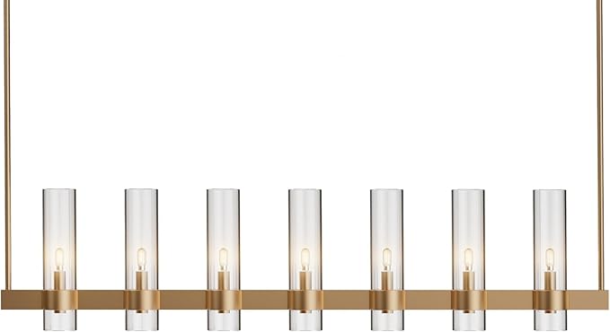 Brass Kitchen Island Lighting- 7-Light Linear Chandelier, Adjustable 47'' Modern Farmhouse Rectangle Pendant Light Fixtures, Dining Room, Bedroom