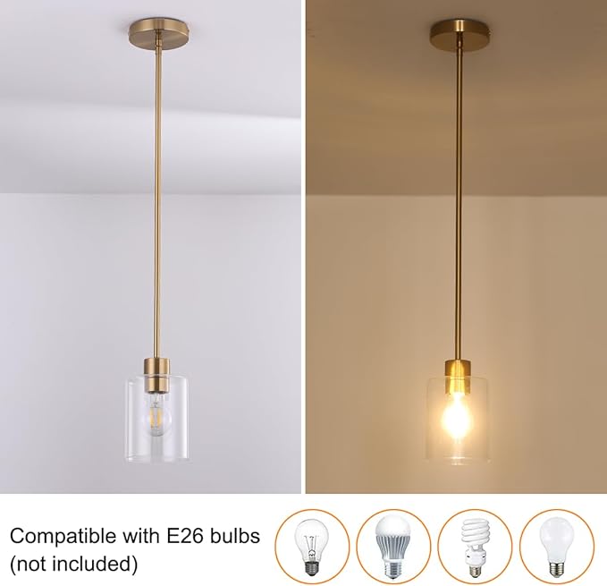 Brass Pendant Lights Kitchen Island,Modern Farmhouse Clear Glass Pendant Light,Gold Light Fixture Kitchen Pendant Mini Hanging Light Fixture for Sink (Brass 2 Pack stem Rod)