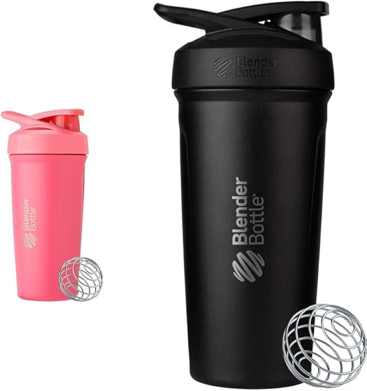 BlenderBottle 24-Ounce Stainless Steel Shaker Cup Bundle with Wire Whisk, Pink and Black