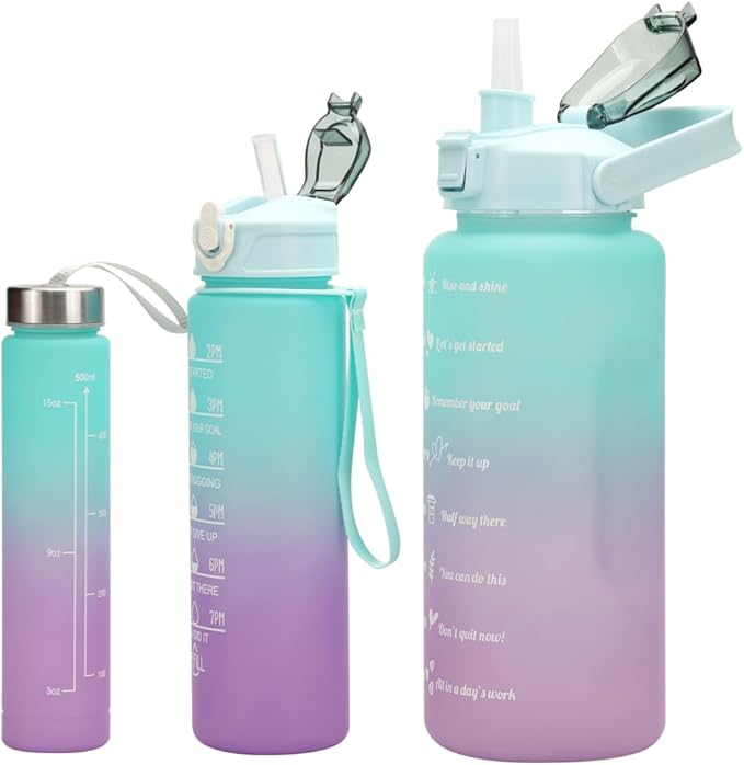 3 in 1 Set Sport Motivational Gradient With Straw Time Marker 64 oz Gradient Color 3 in 1 Set Gym water bottle blue