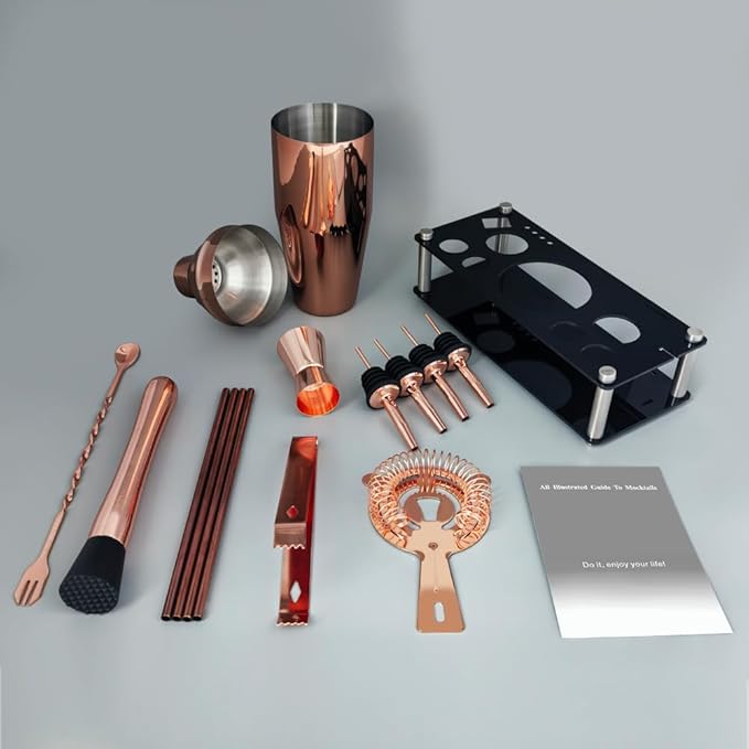14-Piece Cocktail Shaker Set Bartender Kit with Black Stand, Bar Tool Set for Drink Mixing Bartending Kit Bar Sets Accessories: 750ml(25oz) Shaker, Jigger, Muddler, Cocktail Recipes (Rose Gold)