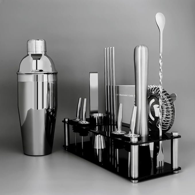 14-Piece Cocktail Shaker Set Bartender Kit with Black Stand, Bar Tool Set for Drink Mixing Bartending Kit Bar Sets Accessories: 750ml(25oz) Shaker, Jigger, Muddler, Cocktail Recipes (Silver)