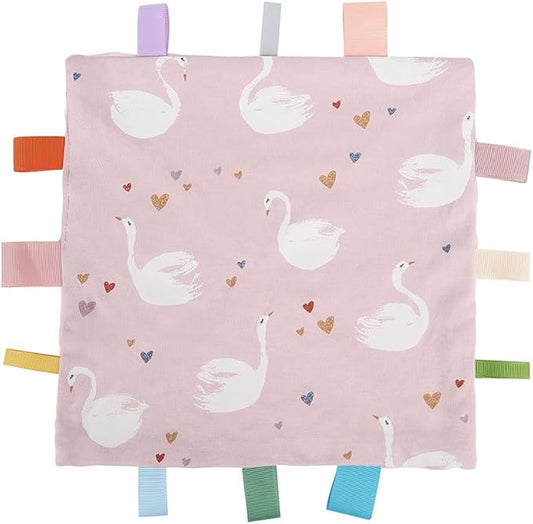 Baby Tags Security Blanket, Sensory Soothing Blanket with Tags,Dotted Backing Taggies Blanket for 3-12 Months Boys and Girls. (Swan)