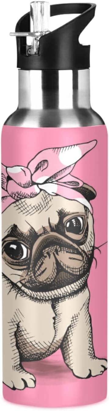 Blueangle 20 OZ Pink Headband Pug Water Bottle with Straw, Sports Water Bottle BPA Free Stainless Steel Water Jugs for Gym, Kitchen, Working, Outdoor