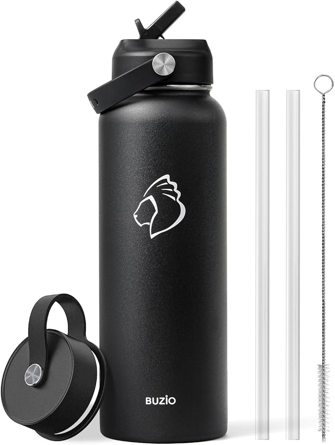 BUZIO Double Wall Stainless Steel Sports Wide Mouth Water Bottle, BPA-Free Flex Cap and Straw Lid, 40 Ounces & 32 Ounces Water Bottle