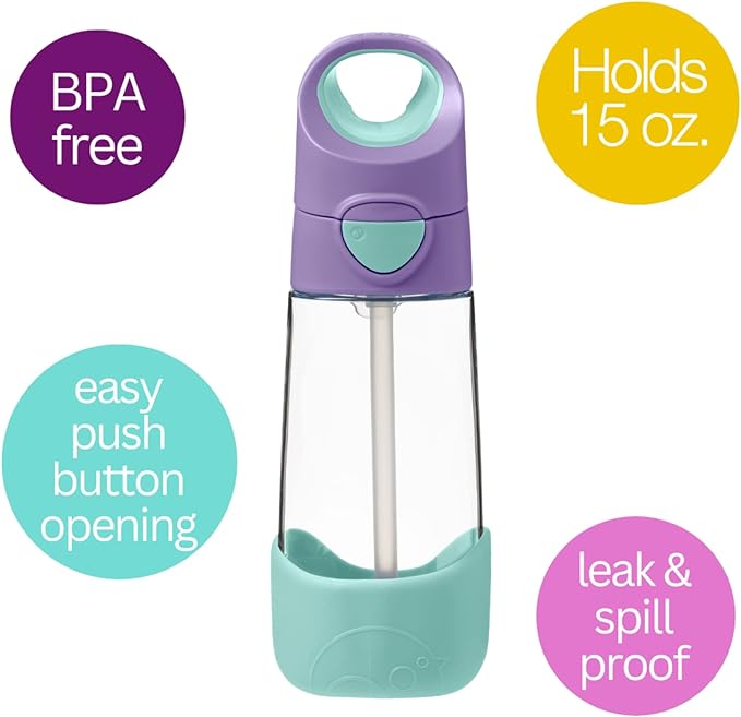 b.box 15oz Tritan Straw Bottle: Kids Water Bottle for Toddlers & Up. Spill Proof, Leak Proof, BPA Free. Great for School/Daycare or Next Step after Sippy Cups (Lilac Pop)