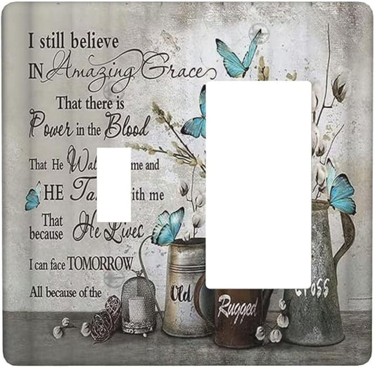 Blue Butterfly Rustic Flower Inspirational Quotes 2 Gang Single Toggle Rocker Combination Light Switch Covers Wall Plate Cover Electrical Faceplate Decorative Switchplate for Farmhouse Bedroom