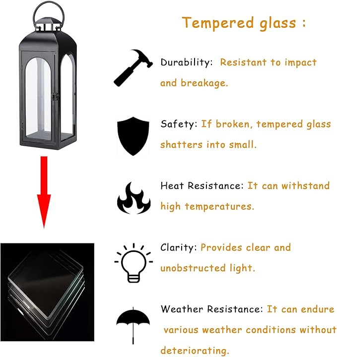 Bdor 2 Pack Luxury Black Metal Lanterns – 16" Tall Modern Hurricane Candle Lanterns with Tempered Glass Panels for Front Porch, Tabletop, Mantel, Wall Hanging, Garden, Indoor & Outdoor Décor