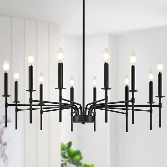 12 Light Black Chandelier Light Fixture, Modern Farmhouse Chandeliers for Dining Room Light Fixture, Metal Candle Pendant Chandelier for Foyer Entryway Stairs Living Room Bedroom Kitchen