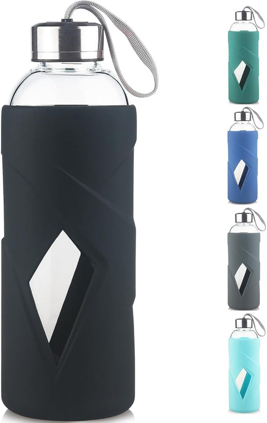 32 oz Borosilicate Glass Water Bottle BPA Free Reusable Glass Drinking Bottle with Silicone Sleeve and Stainless steel Lid