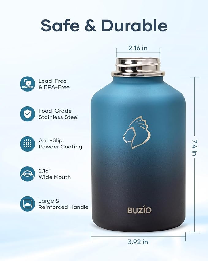 BUZIO 64 oz Insulated Water Bottle, Half Gallon Stainless Steel Water Jug with Straw Lid & Carrying Case, Keep Cold 48h Large Lead-Free Vacuum Metal Thermo Water Flask for sports Camp, Indigo Crush