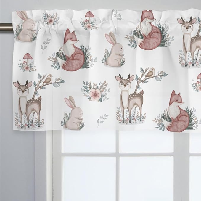 Baby Woodland Animals Leaves Mushroom Valances 54''x18'' Kids Toddler Nursery Bedroom Decor Drapes Deer Rabbit Fox Rod Pocket Short Curtains for Living Room Bathroom Kitchen Cafe 1 Pack