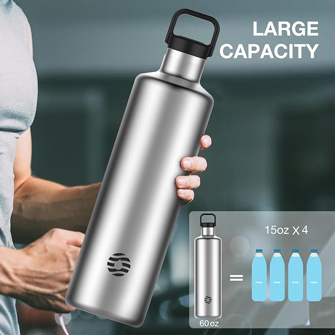 60oz Water Bottle with Carrier Bag, Large Insulated Water Bottle, Stainless Steel Water Bottles, Double Walled Insulated Thermo for Hot Drinks/Cold Drinks,Great for Gym,Hiking,Camping (Silver)