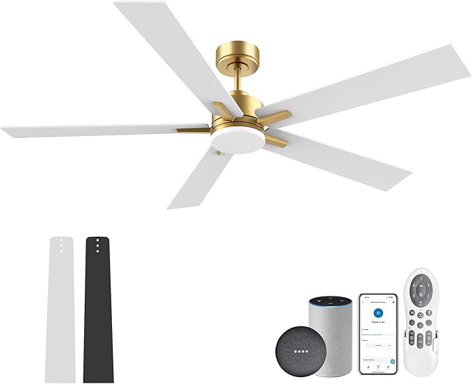 60 Inch Smart Ceiling Fan with Lights Remote,Control via Voice Alexa Google App Wifi,Silent DC Motor,Dimmable,Outdoor Indoor Modern Ceiling Fans for Large Bedroom Living Room Patio,Gold White Black