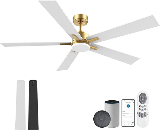 60 Inch Smart Ceiling Fan with Lights Remote,Control via Voice Alexa Google App Wifi,Silent DC Motor,Dimmable,Outdoor Indoor Modern Ceiling Fans for Large Bedroom Living Room Patio,Gold White Black