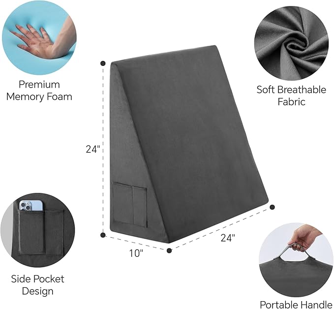 Bed Wedge Pillow for Sleeping, 10 Inch Memory Foam Wedge Pillow Post Surgery, Triangle Pillow Wedge, Elevated Support Pillows for Sleeping, Acid Reflux & Snoring - Removable Washable Cover