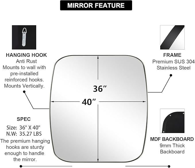 ANDY STAR Brushed Nickel Oblong Mirror, 36x40 Inch Brushed Nickel Oval Mirror for Bathroom with Stainless Steel Metal Frame, Wall Mouned for Bathroom, Living Room, Entryway