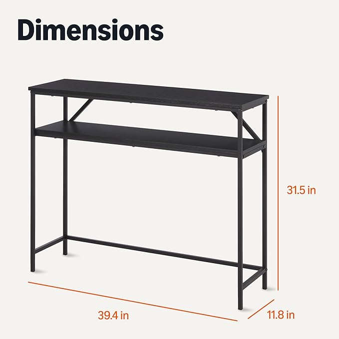 Amazon Basics Rectangular Console Table with Storage Shelf, Steel Frame, 39x31x11.8 in, Black