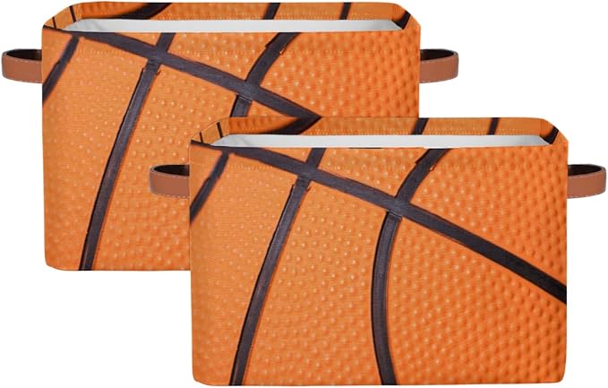 Basketball Print Storage Basket Collapsible Rectangular Storage Bin Large Fabric Storage Boxes Organizer 1Pc with Leather Handles for Clothes Toys Books Kitchen Laundry
