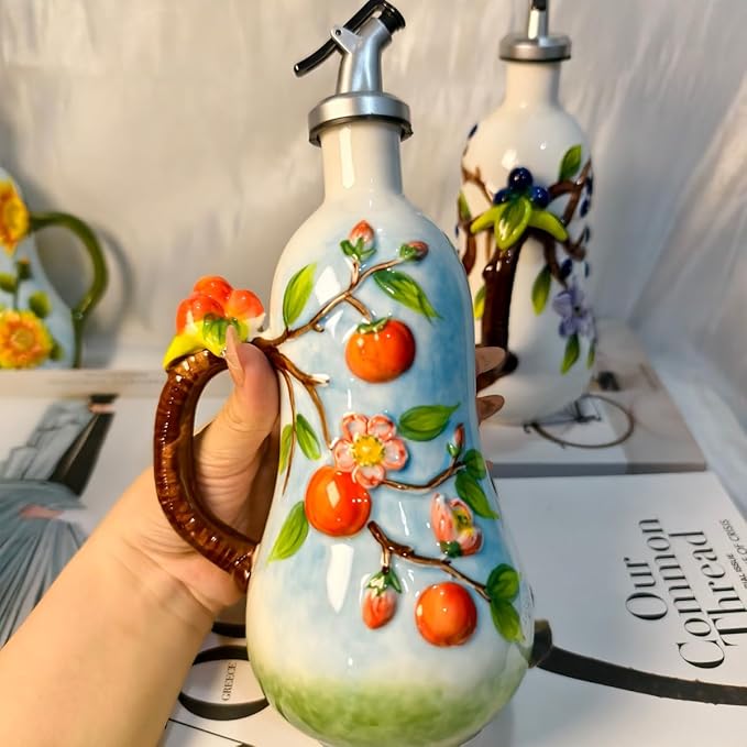 18 Oz Hand Painted Relief Ceramic Olive Oil Bottle Dispenser for Kitchen, Oil and Vinegar Bottle, Seasoning Bottle with Stainless Steel Nozzle, 540mL Oil Container with Handle for Cooking, Light Proof