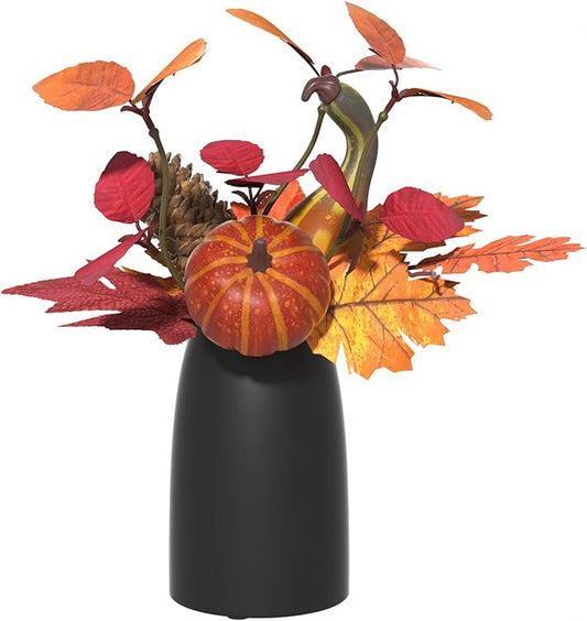 Autumn Artificial Potted Plant Decorations, Maple Leaves, Pinecones, Pumpkins with Black Ceramic Vase for Home,Thankgiving Table Decoration