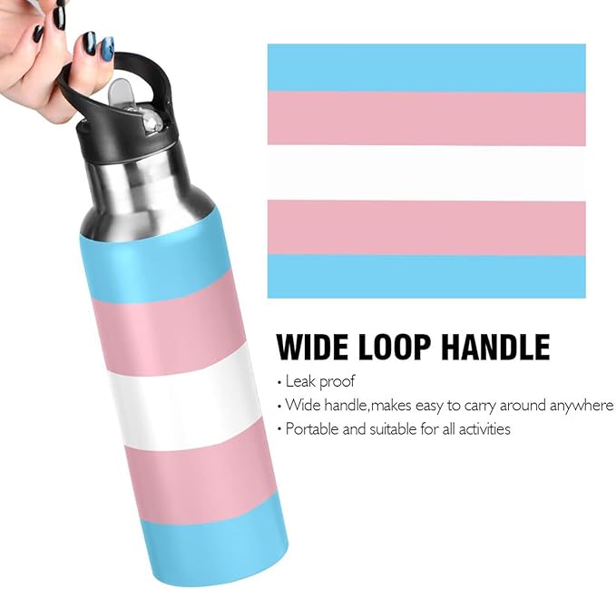 20 OZ Transgender Pride Flag Sports Water Bottle,Double Wall Vacuum Insulated Stainless Steel Pride Water Bottle with Straw Keeps Hot and Cold,Bike Running Travel Gym, Pride Month Day Gifts