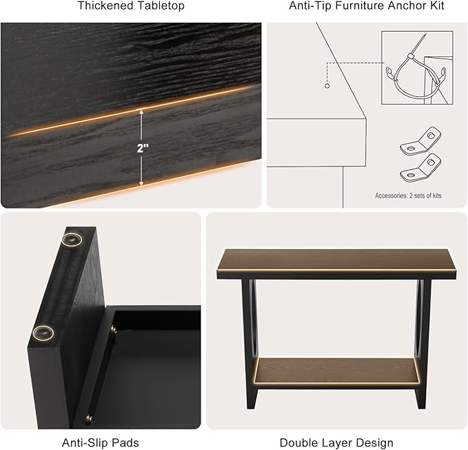 BECHAEO 47-Inch Modern Narrow Console Tables with Solid Wood Veneer - 2’’ Thickened Tabletop, 2-Tier Slim Sofa Table Behind Couch, Rectangle Entryway Table for Hallway Living Room, Black Oak