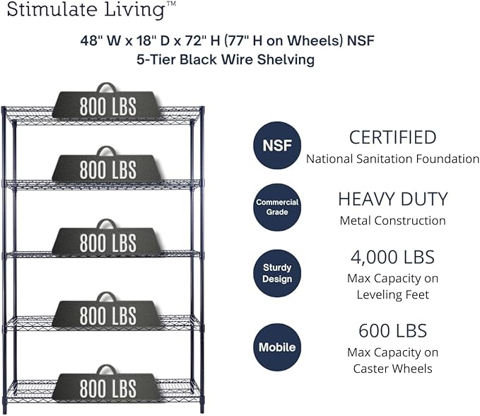 48"x18"x72" PRIME HEAVY DUTY Black 5-Tier Wire Shelving NSF 4000 LBS MAX Capacity Storage Rack for Commercial, School, Home, Garage, Warehouse, Industrial, and Hospital Uses (with Wheels)