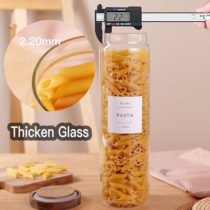 3 Set Glass Pantry Storage Jars with Acacia Airtight Lid - 50oz Thicken Glass Kitchen Canisters with 132 Pantry Labels - Tall Food Storage Containers with Wood Lid for Pasta,Spaghetti,Cereal