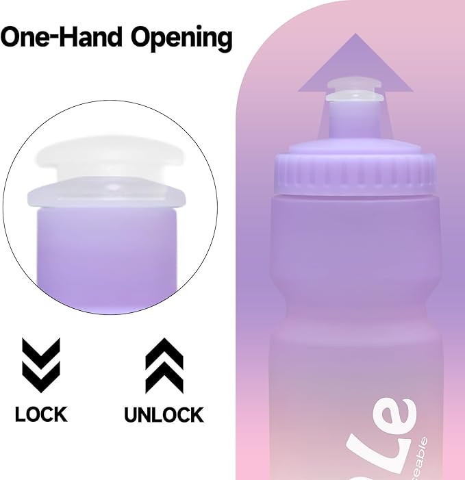 Bike Squeeze Water Bottle w/Pull Top Lid, Leakproof, BPA Free, Easy Squeeze Reusable Water Bottles for Fitness, Cycling, Running, Hiking, School, Fresh Color 24 Oz (1 Pack)
