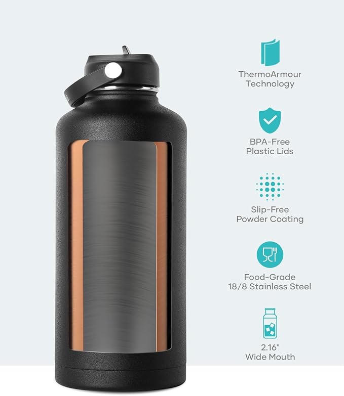 BUZIO Vacuum Insulated Stainless Steel Water Bottle 87oz (Cold for 48 Hrs/Hot for 24 Hrs) Half Gallon BPA Free Double Wall Travel Mug/Flask for Outdoor Sports Hiking, Camping, Running, Black