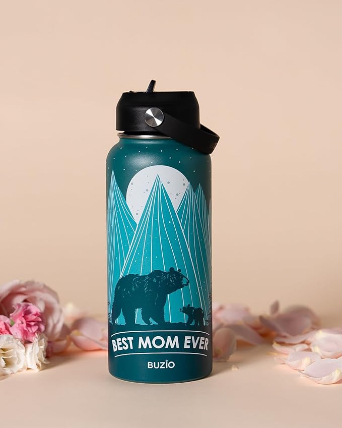 BUZIO 32oz Mom Water Bottle Bear Mama, Vacuum Insulated Water Flask with Straw, Stainless Steel Water Bottle Metal Thermo Mug for Mother Day, Best Mom Birthday Gifts from Kids