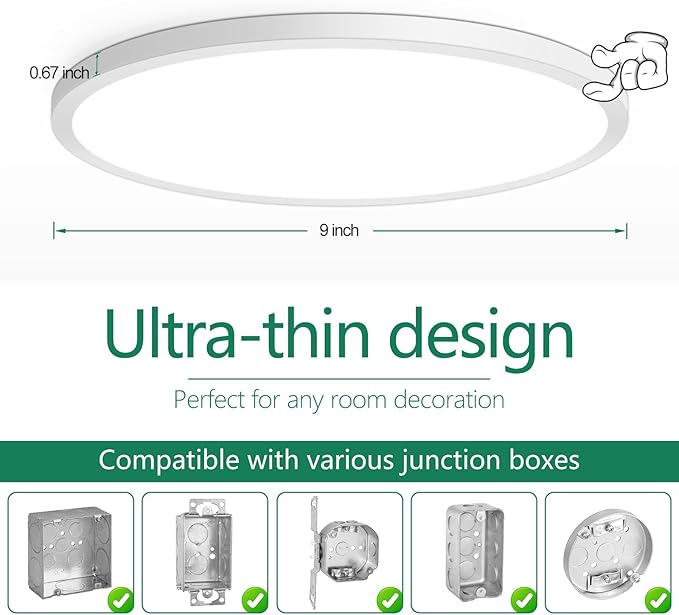 Brightever 9 Inch Flush Mount LED Ceiling Light Fixture, 5-in-1 CCT 2700K/3000K/4000K/5000K/6500K Selectable, 180W Equivalent, 2200LM Super Slim 18W LED Ceiling Lights for Living Room, Porch, 4 Packs