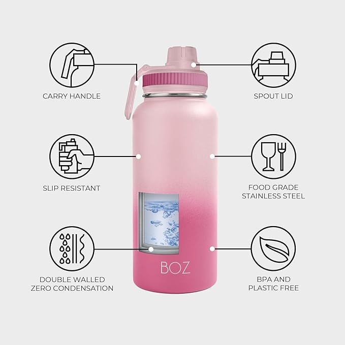 BOZ Stainless Steel Water Bottle - Vaccum Insulated Water Bottle 32 Oz - Wide Mouth BPA Free Sport Water Bottle for Gym with Spout Lid - Thermal Hot & Cold 1 Litre Gradient Pink Waterbottle