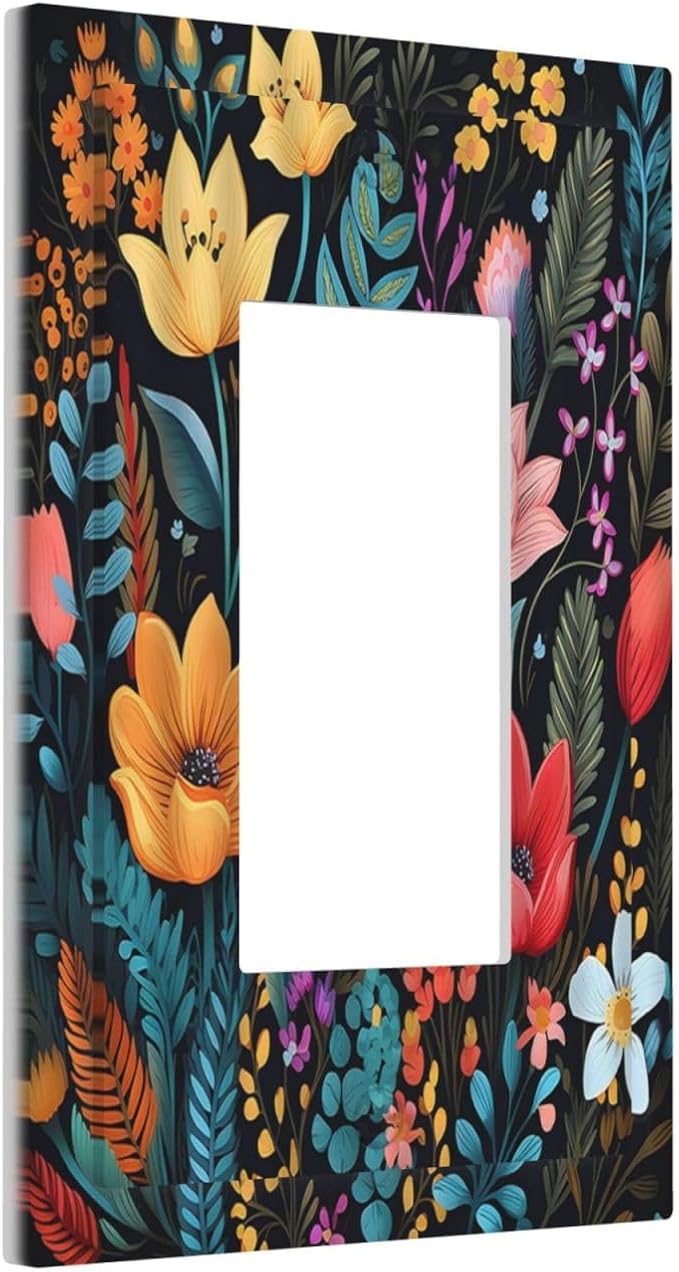 Boho Floral Vintage Flower Leaves Rustic Wildflower Plants 1 Gang Rocker Light Switch Covers Single Decora Outlet Wall Plate Decorative Switchplate Faceplate GFCI for Country Bathroom Bedroom Decor
