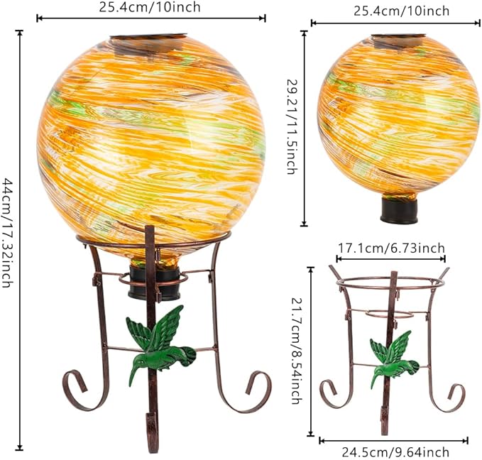 10" Diameter Solar Gazing Ball and 8.5" Metal Stand Indoor Outdoor Garden Ornament Glass Globe Sphere Yard Art Gazing Globe for Garden,Home,Lawn,Porch,Patio Birthday Gift for Women(Orange)