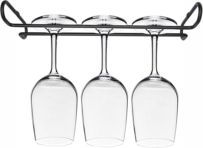 10 Inch Wine Glass Rack Under Cabinet Shelf Stemware Storage Hanging Hanger Organizer Glasses Holder with Drying Under Counter Metal for Kitchen and Bar Set of 4 Black
