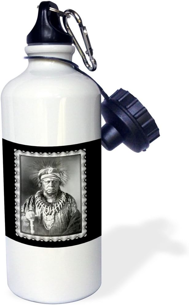 3dRose "Keokuk, Ssauk Chief, 1847 by Thomas easterly Native American Indian Photo" Sports Water Bottle, 21 oz, White