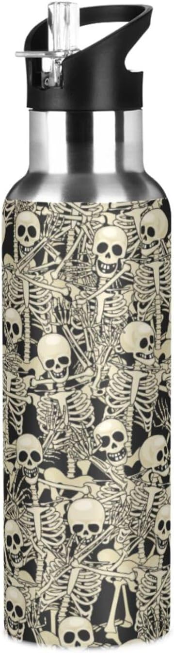 ALAZA Gothic Skull Skeleton Water Bottle With Straw Lids Boys Girls,Vacuum Insulated Leakproof Stainless-Steel Sports Bottle Thermal Flask For Gym Yoga Camping,20Oz (600Ml)