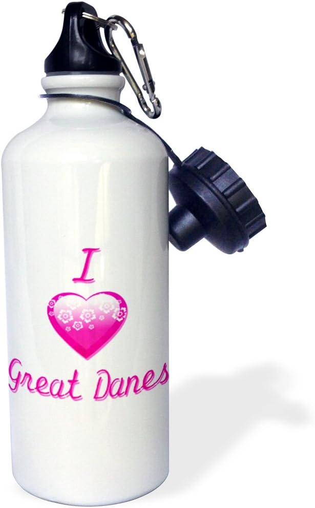 3dRose "Pretty Pink Flowery I Love Great Danes" Sports Water Bottle, 21 oz, White