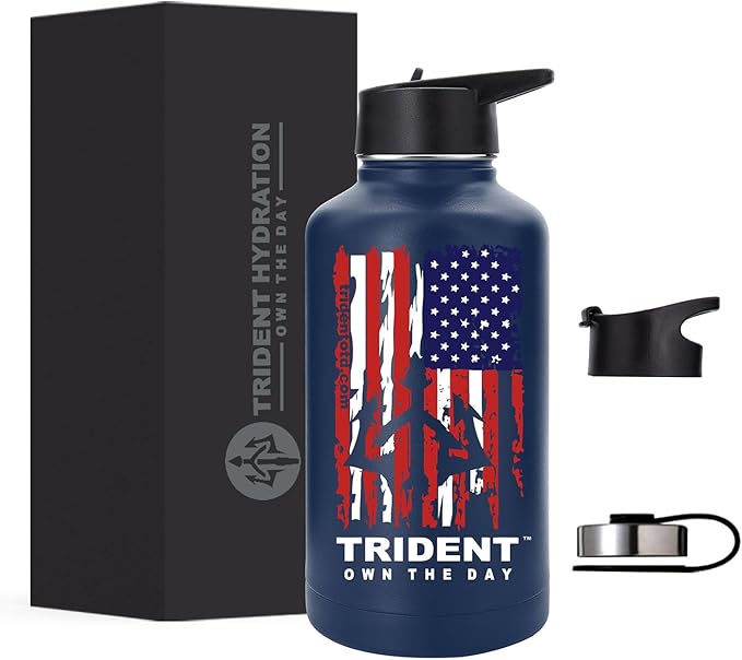American Flag 64 oz Water Bottle, Reusable Water Bottle with Straw, Leak Proof Water Bottles, 64oz Insulated Water Bottle, Thermos Water Bottle - Retired Navy Vet Small Business (Dark Blue, 64 Oz)