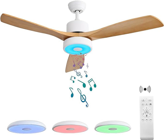 52 Inch Wood Ceiling Fan with RGB Dimming LED Light,with Music Bluetooth Speaker,Remote Control,3-Speed Regulation, Reversible Motor,Timing,for Living Room,Bedroom,Restaurant,Outdoor