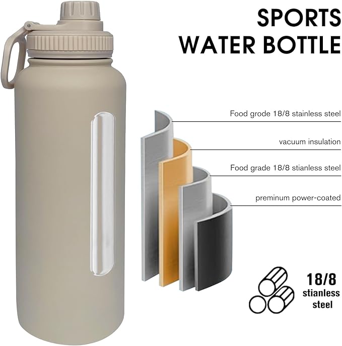 40oz Insulated Water Bottle ，Stainless Steel Sports Water Cup Flask with 2 Lids, Wide Mouth Travel Thermal Mug,Outdoor Sports Bottle（Cream apricot）