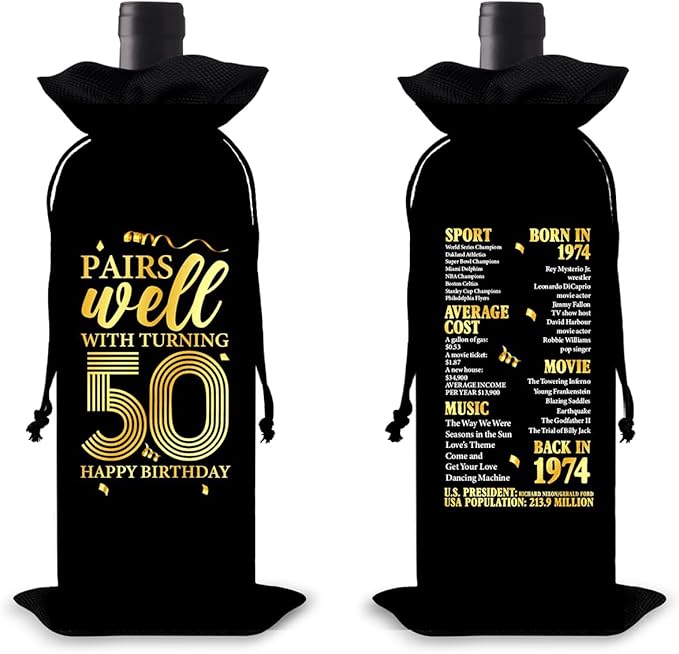 50th Birthday Gifts Wine Bag Congratulations Gifts for Women Men Parents Mom Dad Anniversary 1974 Birthday Wine Gift Bag
