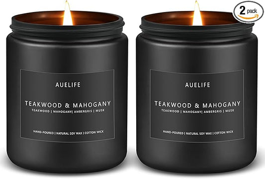 2 Pack Teakwood & Mahogany Candle | Scented Candles for Men, Man Gifts for Men - Masculine Candles - Soy Candle for Home Scented - 7oz Black Jar, Long Lasting