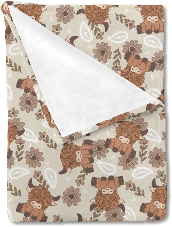 Boho Highland Cow Paisley Floral Baby Blanket Girls Gift, Beige Western Cowgirl Flower Flannel Fleece Nursery Bed Blankets, Soft Lightweight Newborn Infant Toddler Kids Crib Bedding 40 x 50